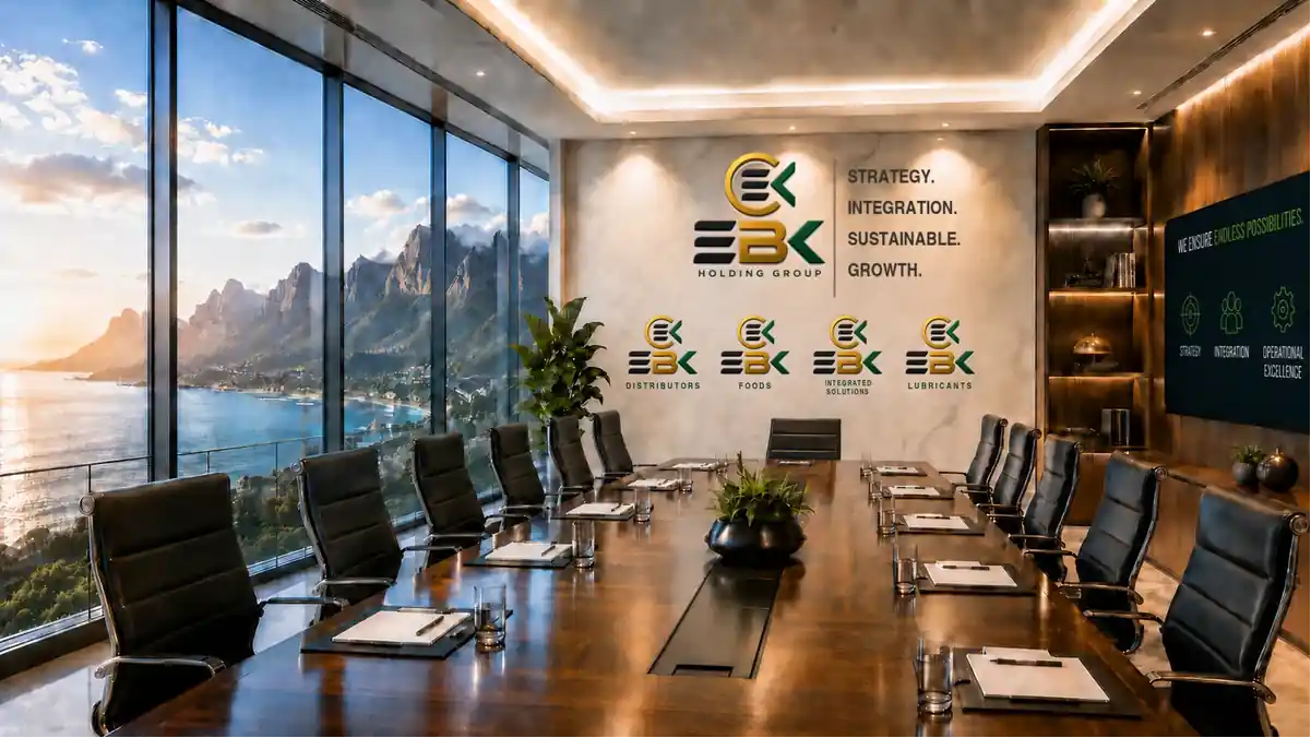 EBK Holding Group boardroom with mountain and ocean views, and the Group and operating-company identities displayed on the feature wall